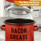 Enamel Cooking Grease Container with Fine-Mesh Strainer – Grease Saver & Oil Keeper with Spatula-Storing Handle, Farmhouse Kitchen Decor (Red or Blue)