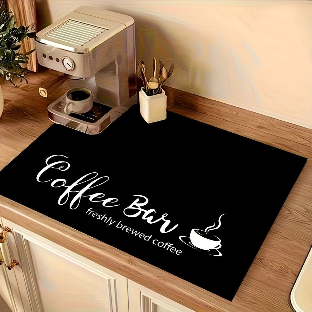 Coffee Bar Mat and Dish Drying Mat - Non-Slip Diatomite Absorbent Kitchen Counter Mat with Coffee Theme Design - Multi-Size Coffee Machine Mat and Kitchen Countertop Accessory