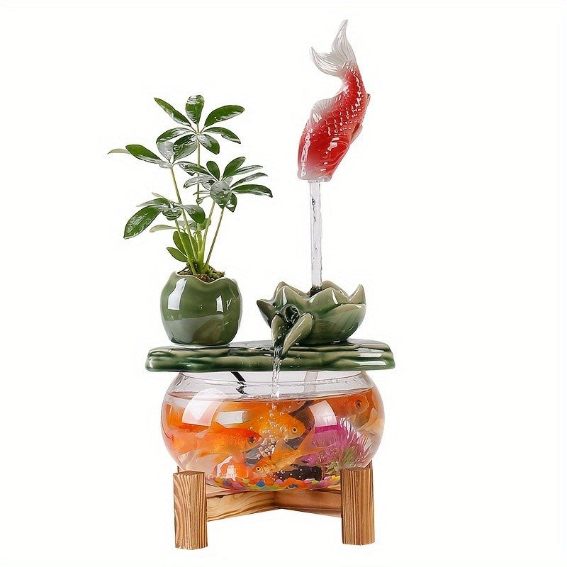 USB Powered Glass & Ceramic Fish Waterfall Desktop Fountain – Hanging Goldfish Design, Decorative Water Feature with Glass Fish & Plants for Living Room, Office & Zen Decor, Unique Gift