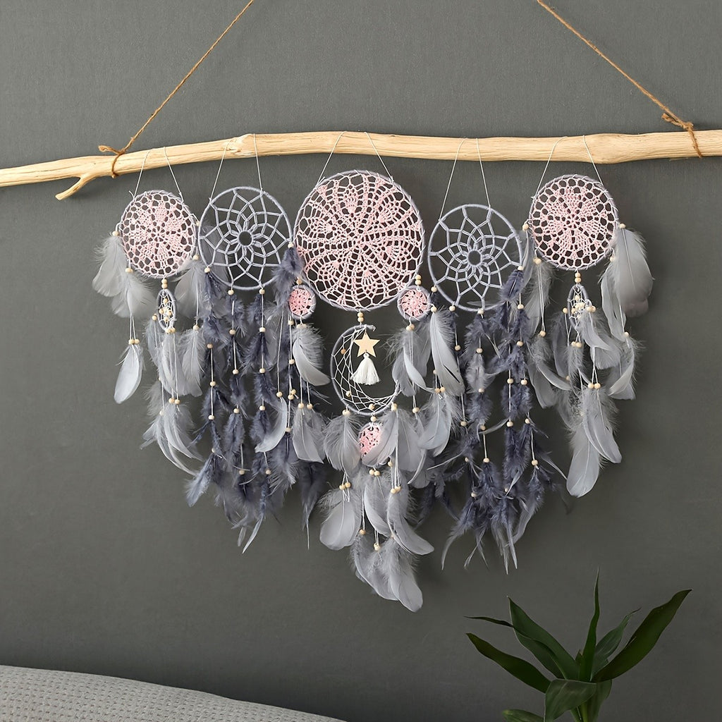 Boho Metal Dreamcatcher Set of 5 with Feathers – Large Multi-Size Wall Hanging Decor for Bedroom in 5 Colors, Spiritual Catcher Gift for Christmas & Graduation