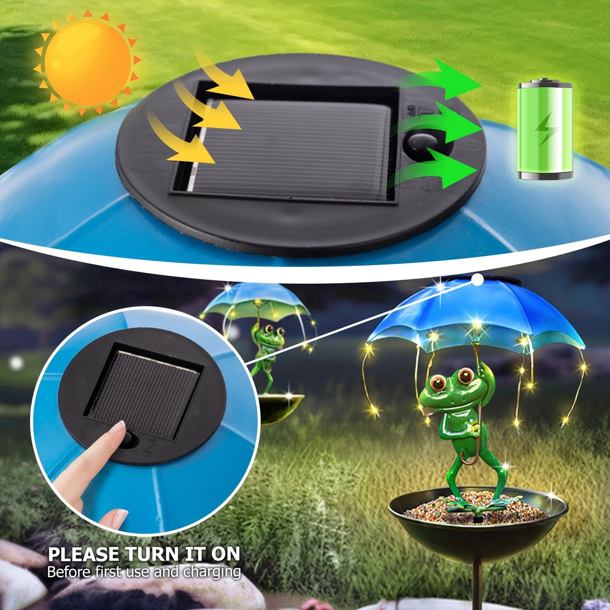 Solar Iron Frog with Umbrella Garden Statue – LED Solar Outdoor Light, Auto Dusk-to-Dawn, Bird Feeder Design for Patio, Lawn, Pathway & Deck Decor, Valentine’s Day Gift