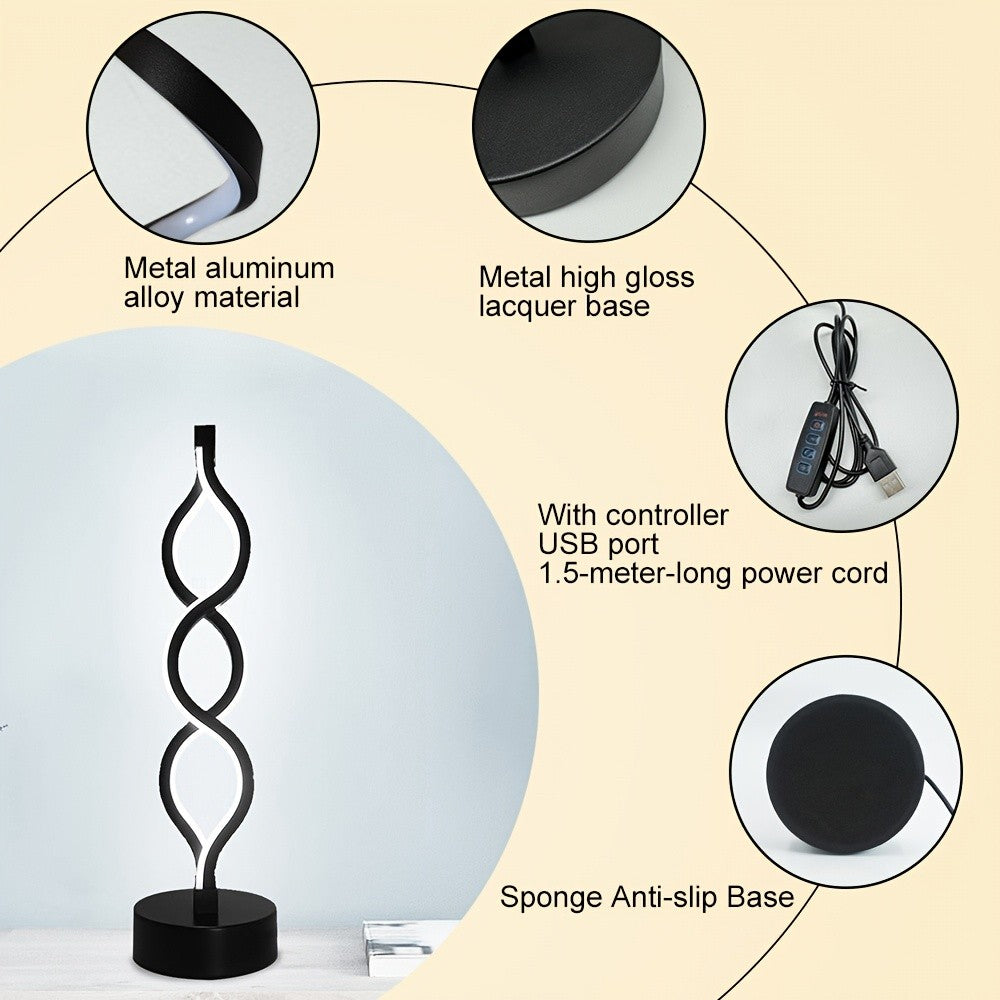 Spiral LED Table Lamp Dimmable 3-Color Modern Minimalist Bedside Lamp - Creative Wave Design Desk Lamp with Metal Base & USB Charging, Small Night Lamp for Bedroom, Living Room, Office & Study
