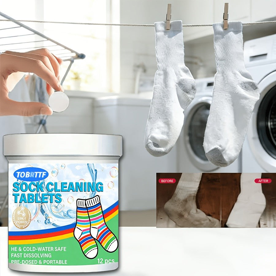 Sock Cleaning Tablets 12pcs Deep-Penetrating Laundry Soak Tabs for Dirty Socks Removes Sweat Stains & Odors No Scrubbing Needed Citric Acid Formula