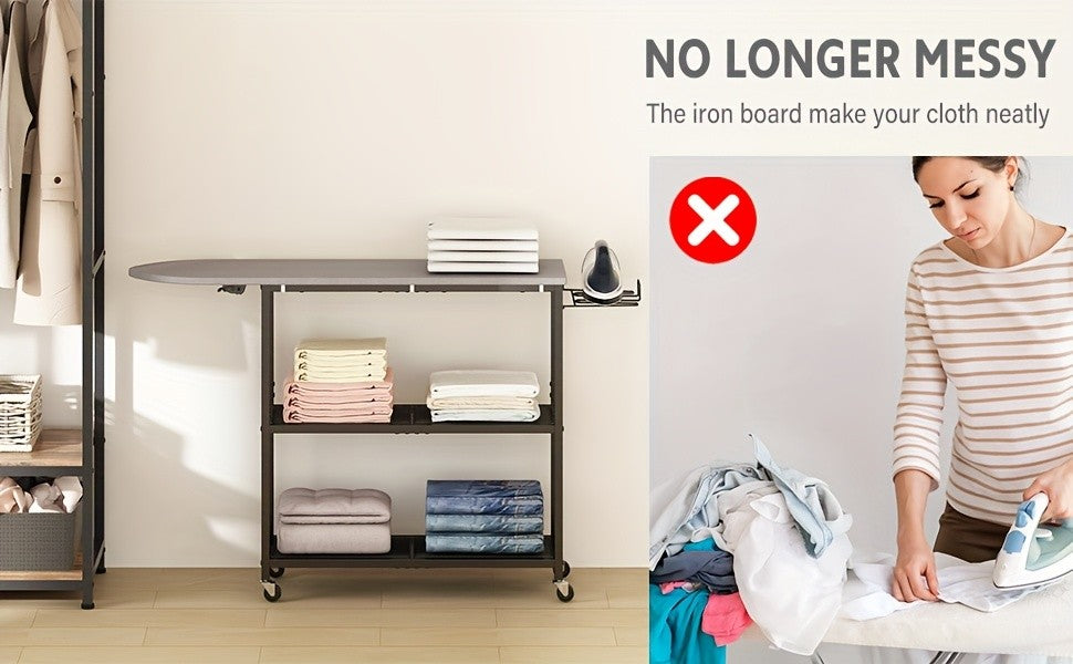 3-Tier Rolling Ironing Board Cart with Storage Shelves & Wheels – Mobile Laundry Station with Foldable Ironing Board, Iron Holder & Lockable Casters for Home Laundry Room, Bedroom & Living Room