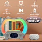 RGB Night Light 6 in 1 Wireless Speaker Alarm Clock Wireless Charging Phone Watch Temperature Display Bedroom Teen Gift Halloween Christmas Decor Black White