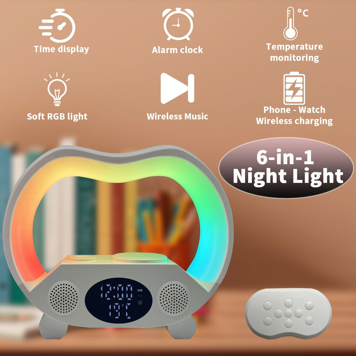 RGB Night Light 6 in 1 Wireless Speaker Alarm Clock Wireless Charging Phone Watch Temperature Display Bedroom Teen Gift Halloween Christmas Decor Black White