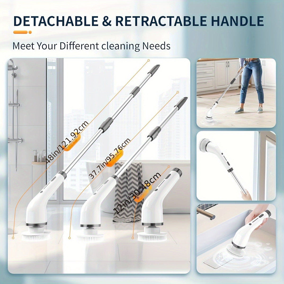 Electric Rotary Scrubber Cordless with 8 Replaceable Brush Heads – Dual Speed USB Rechargeable Power Scrubber, Adjustable Detachable Handle, Swivel Head for Bathroom, Bathtub, Tile, Floor & Shower Cleaning
