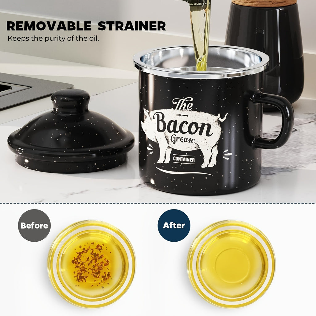 Stainless Steel Grease Container with Strainer and Spoon 15oz Cooking Oil Storage Jar Kitchen Essential Christmas Gift
