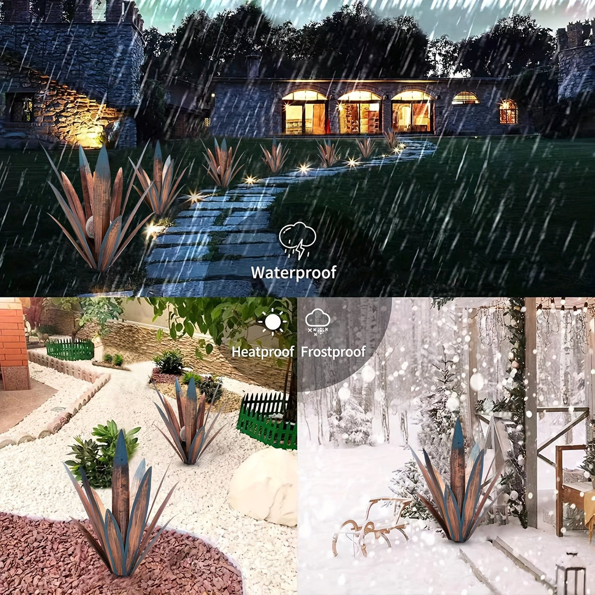 Metal Agave Solar Garden Lights Set of 2 (Large & Small) – Auto Dusk-to-Dawn Outdoor Stake Lights for Lawn, Courtyard, Garden & Patio Decor, 8 Color Options