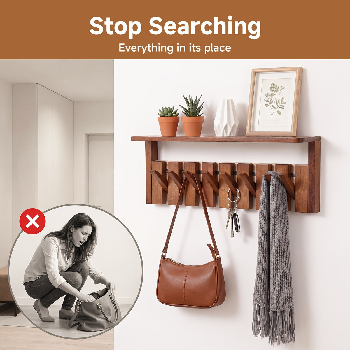 Wall Mounted Coat Rack Foldable Hooks Solid Rubberwood 6 or 8 Hooks 22 lbs Capacity Floating Shelf Dual Installation Drilling or Adhesive for Entryway Bedroom Bathroom Living Room