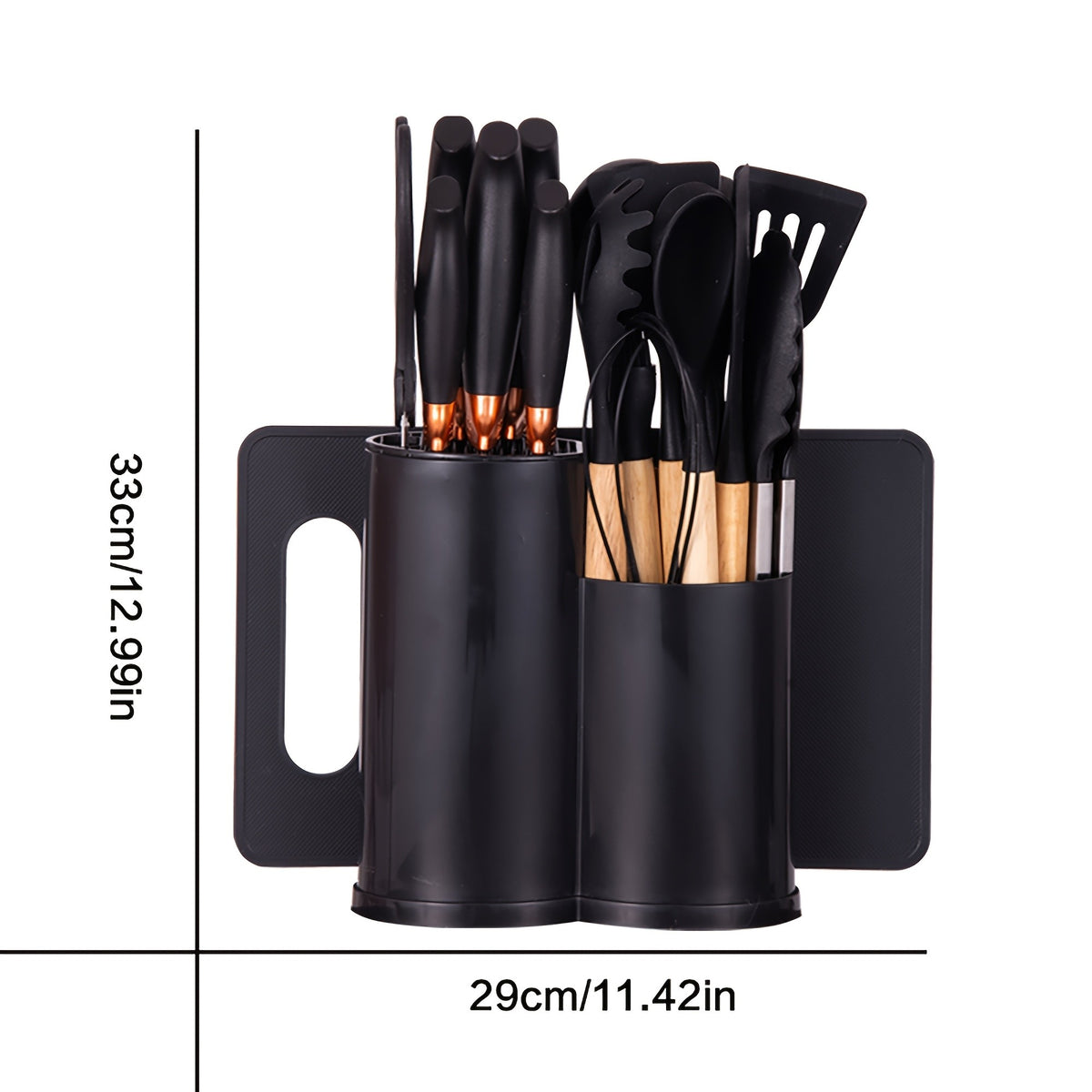 19-Piece Kitchen Knife & Utensil Set with Block – Silicone Cooking Tools, Wooden Handles, Stainless Steel Knives, Cutting Board & Scissors | All-in-One Kitchen Starter Set for Home, Dorm & Housewarming Gift