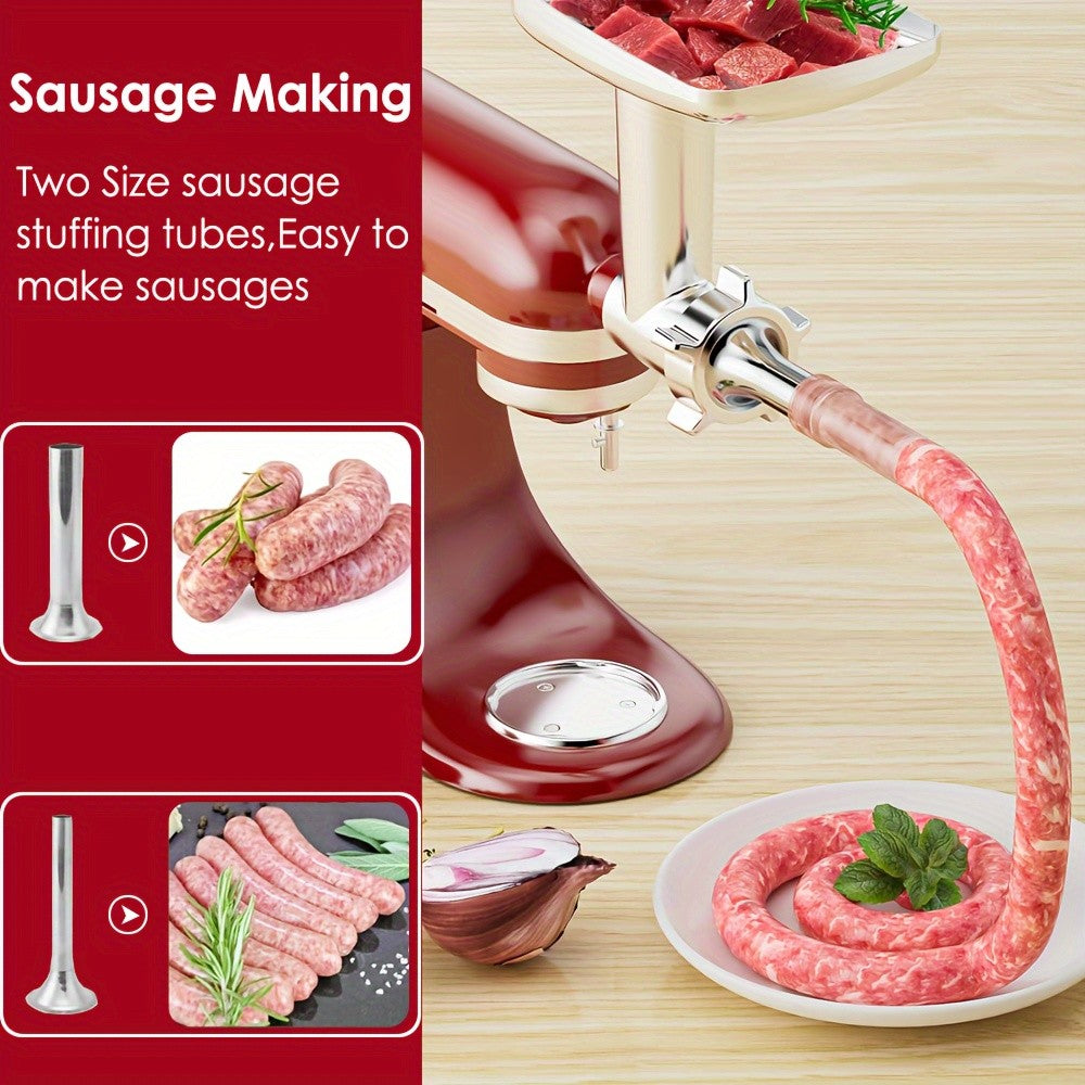 Meat Grinder Attachment for KitchenAid Stand Mixers, Metal Food Grinder with 4 Grinding Plates, 4 Blades, 2 Sausage Stuffer Tubes & Cleaning Brush — Fits All KitchenAid Models, Perfect Kitchen Gift