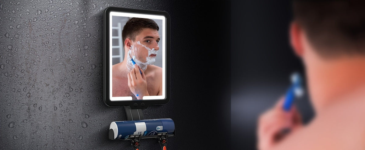 Heated Fog-Free Shower Mirror with LED Light 9.5x7 Inch | Detachable Fogless Bath Mirror with Shaving Foam Base, 2 Razor Holders & 3-Color Adjustable Brightness