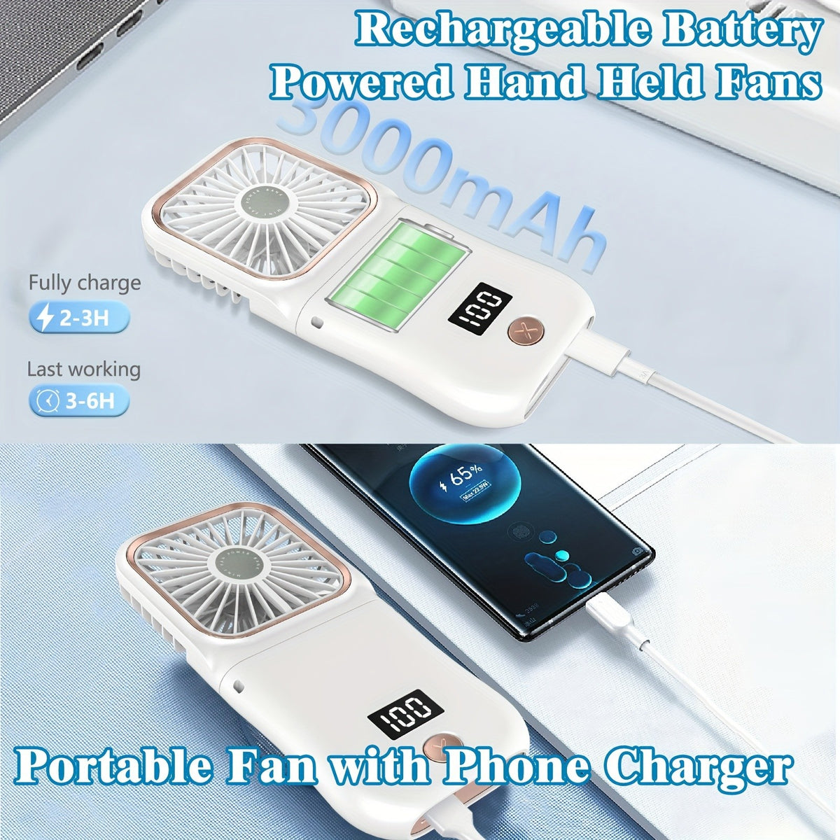 3-in-1 Portable Mini Fan with Digital Display 3000mAh USB Rechargeable – Handheld Desktop Neck Fan & Phone Stand, Foldable Travel Fan for Sports Outdoor
