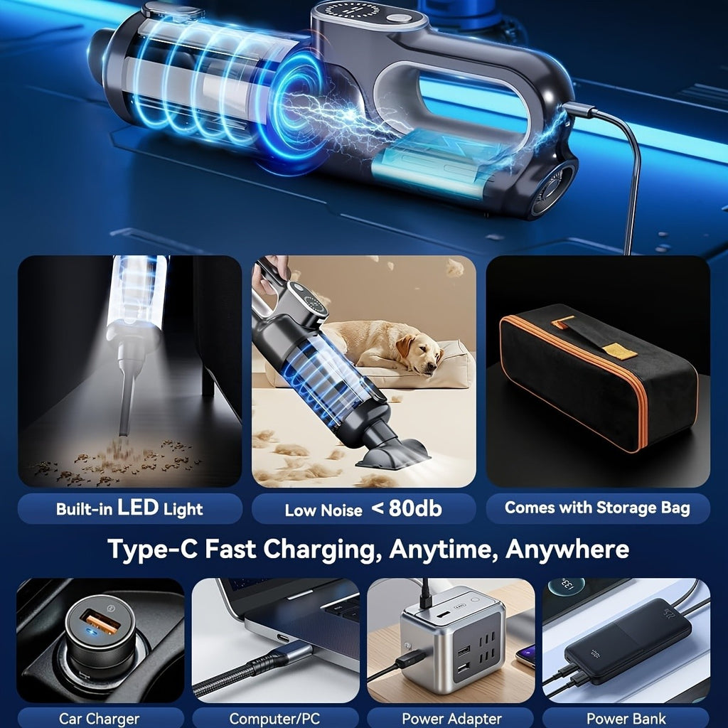 4-in-1 Wireless Car Vacuum Cleaner 25000Pa High Suction – 6000mAh USB Rechargeable, Dual Washable Filters, Low Noise, One-Key Dust, Portable Mini Handheld Vacuum for Car Home Office Pet Hair with Hose & Storage Bag
