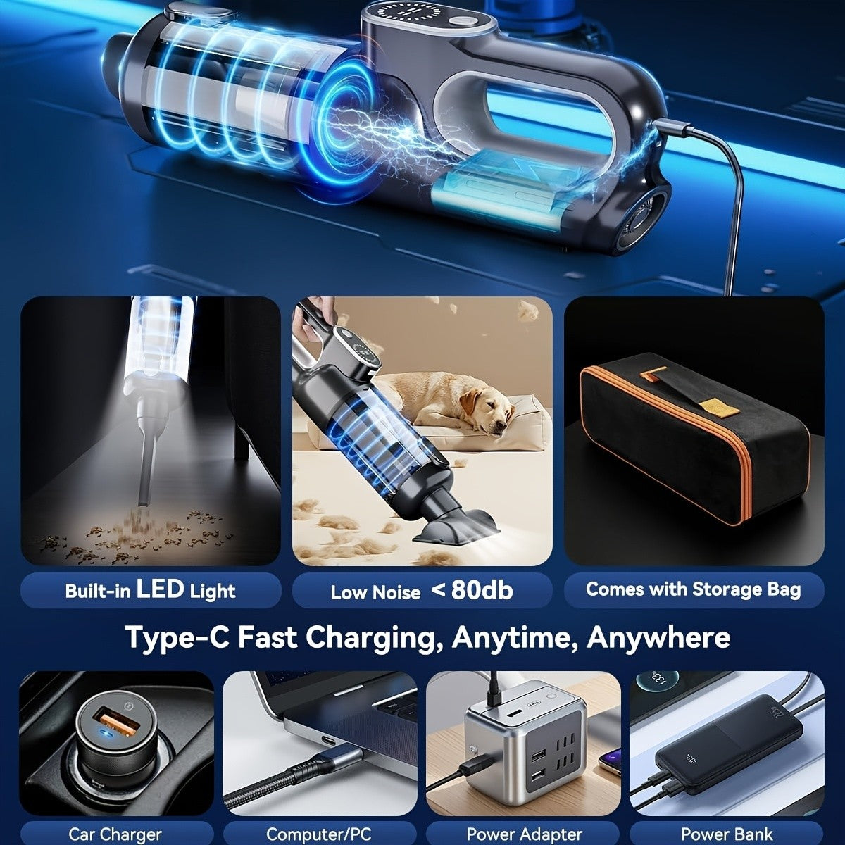 4-in-1 Wireless Car Vacuum Cleaner 25000Pa High Suction – 6000mAh USB Rechargeable, Dual Washable Filters, Low Noise, One-Key Dust, Portable Mini Handheld Vacuum for Car Home Office Pet Hair with Hose & Storage Bag