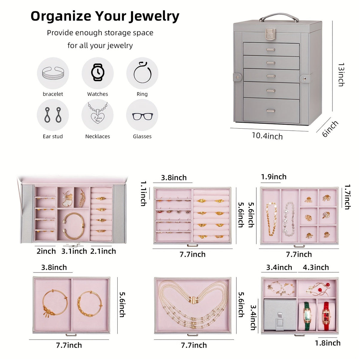 Jewelry Box with Lock & Mirror, Large 6-Tier Jewelry Case with 5 Drawers, Lockable Jewelry Storage Organizer for Women, Girls & Loved Ones — Jewelry Armoire Gift
