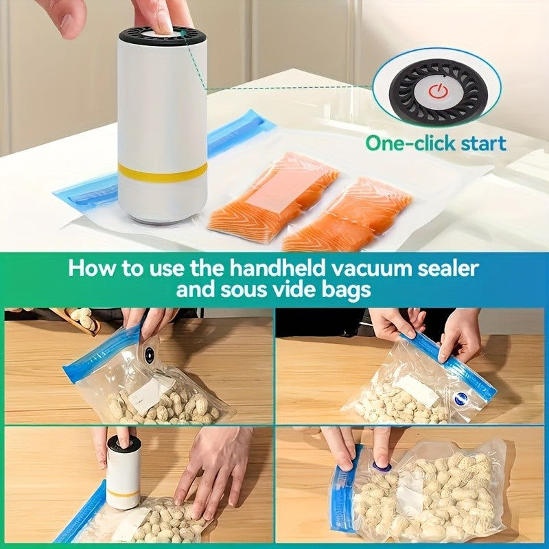 Portable USB Rechargeable Vacuum Sealer Kit with 9 Reusable Bags | Mini Electric Vacuum Pump for Food Storage, Meal Prep & Sous Vide | 3 Bag Sizes Included