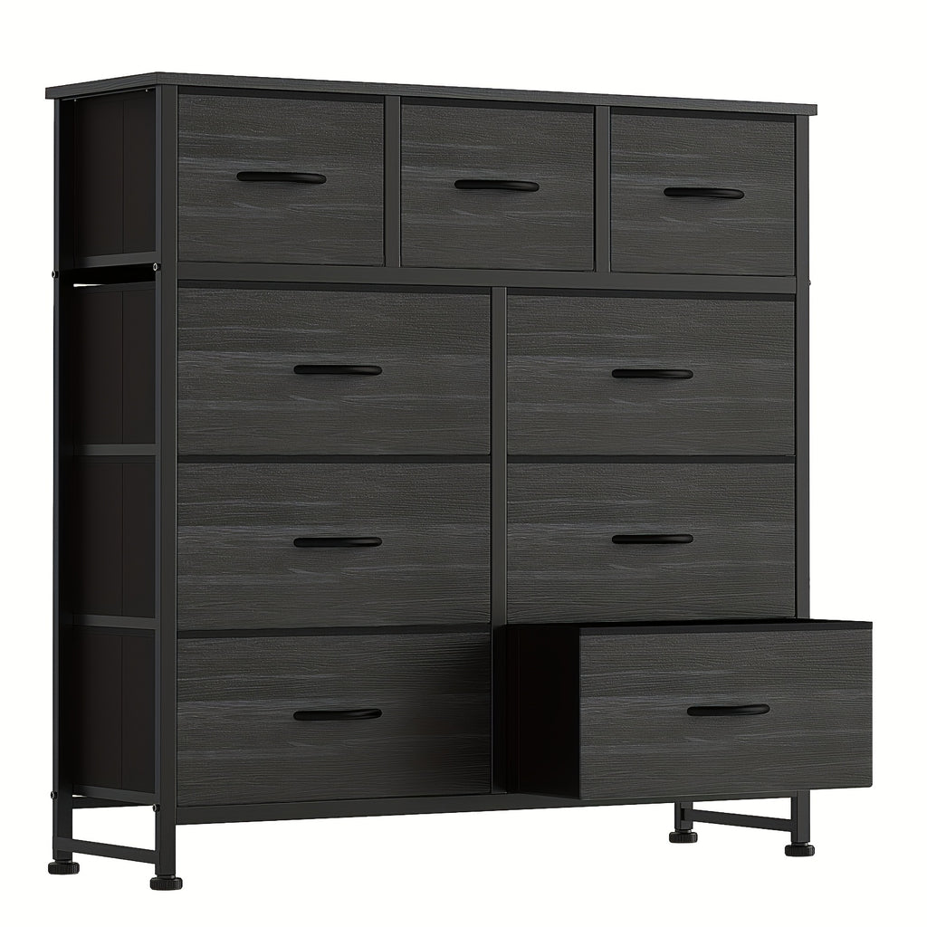 9 Drawer Fabric Dresser with Bins – Tall Chest of Drawers Organizer for Bedroom Closet Hallway Nursery, Steel Frame Wood Top Easy Pull Handles