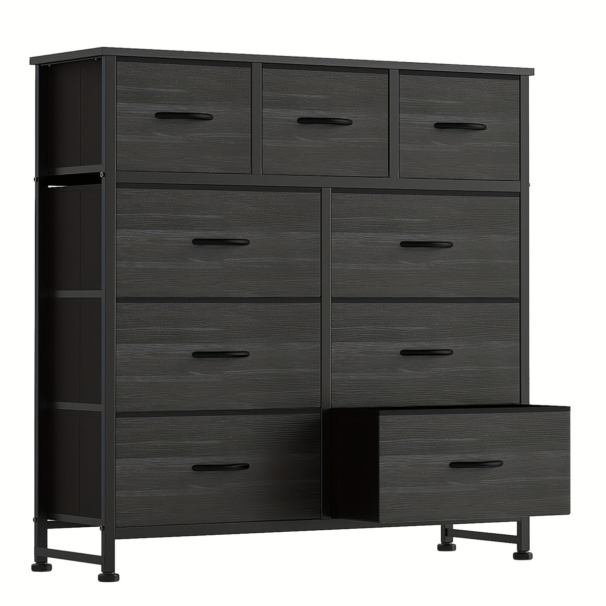 9 Drawer Fabric Dresser with Bins – Tall Chest of Drawers Organizer for Bedroom Closet Hallway Nursery, Steel Frame Wood Top Easy Pull Handles