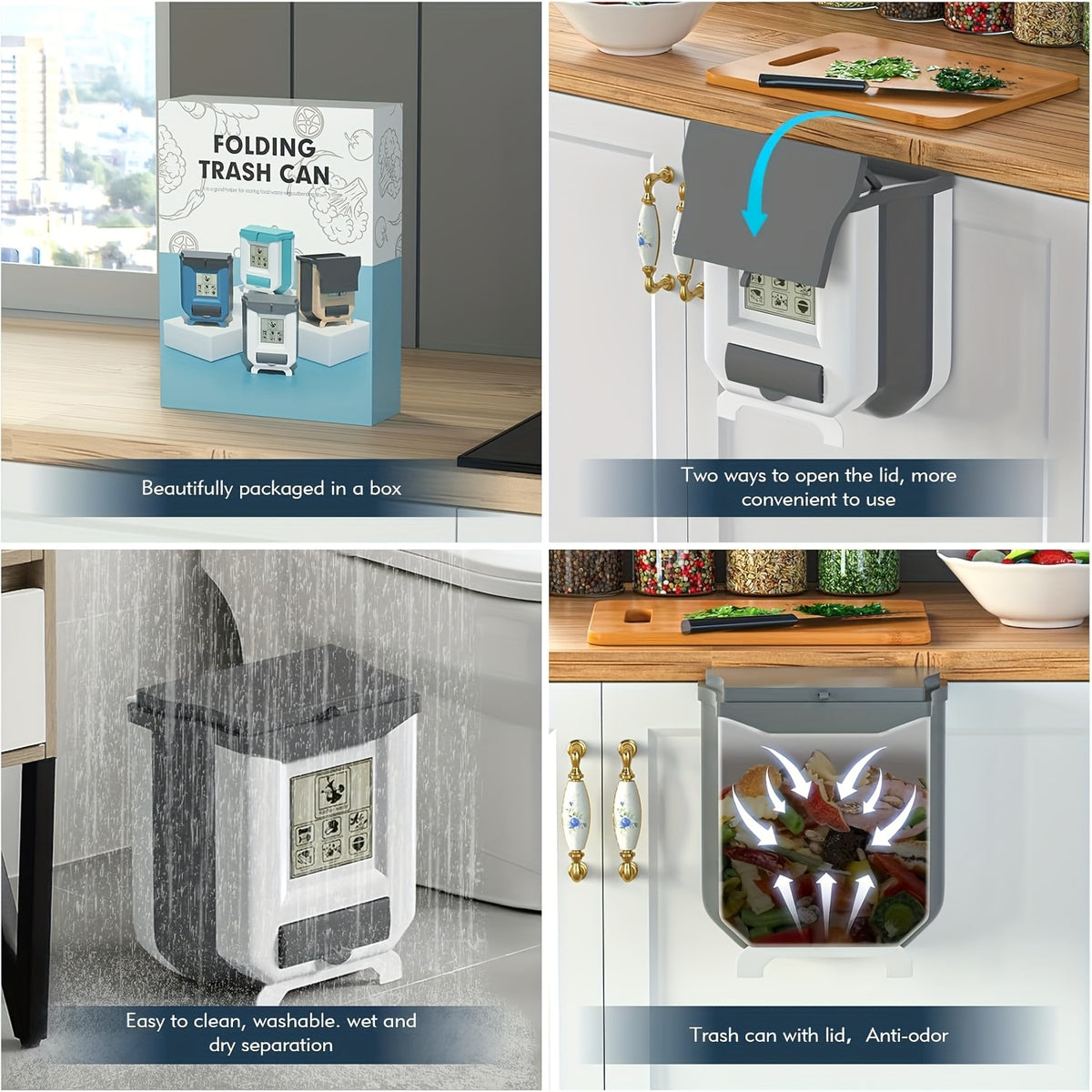 Foldable Wall Mounted Trash Can 2.64 Gallon Space Saving Large Capacity for Kitchen Bathroom Bedroom Office Car RV Multi Use No Lid White Gray