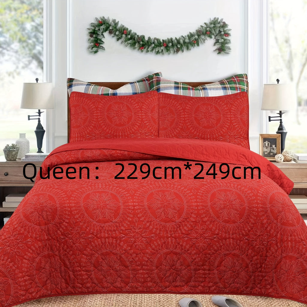 Christmas Quilt Set Queen King 3 Piece – Rustic Lodge Deer Snowman Snowflake Holiday Bedding Ensemble, Quilted Bedspread Coverlet with Pillow Shams, Machine Washable Lightweight Comforter
