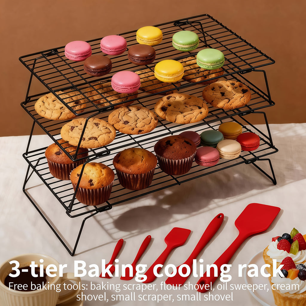 Foldable Cooling Rack Set with Baking Tools – Stackable Oven Cookie Cake Drying Rack, 3/4/5 Piece with Silicone Spatula, Egg Beater & More, Holiday Baking Gift