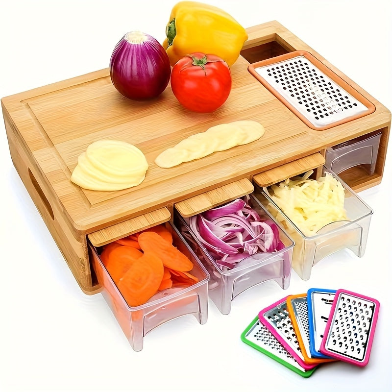 Bamboo Cutting Board with Drawers & Juice Tank – Built-In Food Container, Cheese Shredder & Storage Box for Vegetables, Meat & Cheese, Easy Handgrip Carving Board