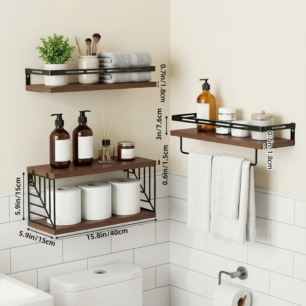 Vintage Wooden Floating Shelves Set of 3 with Guardrail – Wall Mounted Display & Storage Rack for Bedroom, Living Room, Bathroom & Kitchen – Rustic Wood Wall Shelf Multi-Functional Decor