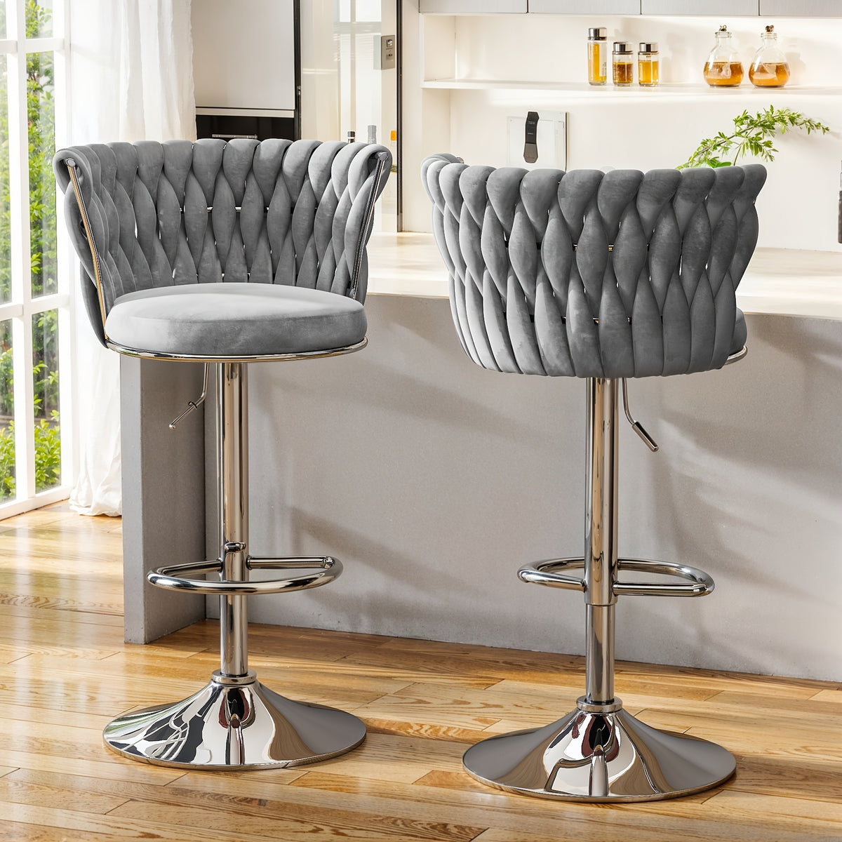 Bar Stools Set of 2 or 4 Adjustable Height Metal Leg Upholstered Counter Chairs for Kitchen Island Bar Living Room Dining Room – Glam Style