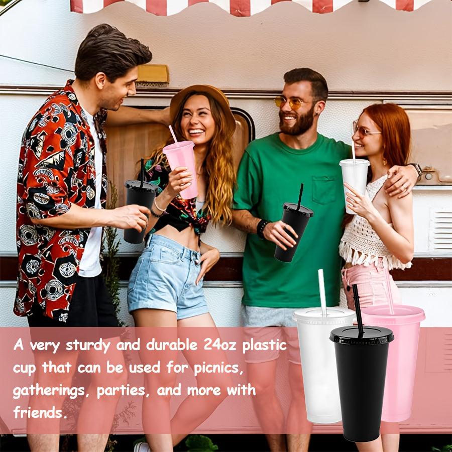 25-Pack Reusable Party Cups 24oz with Lids, Straws & Dust Plugs – Large Plastic Tumblers for Iced Coffee Smoothies Cold Drinks, Includes Cleaning Brush, Multiple Colors