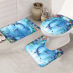 4pcs Sea Dolphin Coral Shower Curtain Set Blue Ocean Undersea World Fish Seaweed - 12 Hooks Toilet Lid Cover Non-Slip U-Shape Bath Mat Machine Washable | Nuvia Haven