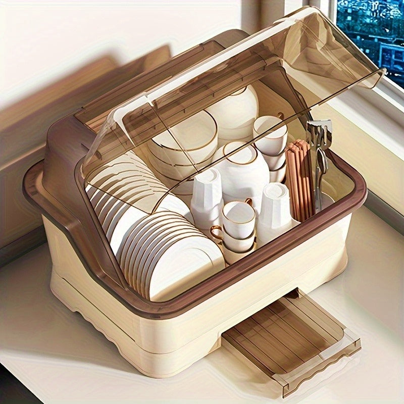 Covered Dish Organizer & Cutlery Holder with Drain Plate - Space-Saving Countertop Rack, Dust-Proof, Cream, Large & Extra Large