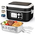 Cordless Electric Heating Lunch Box 1.5L/50.72oz - 304 Stainless Steel, 24000mAh Rechargeable Battery, Adjustable Temp & Timer, Office Picnic Car Travel, Fork Spoon Divider Included, Black White Yellow Blue
