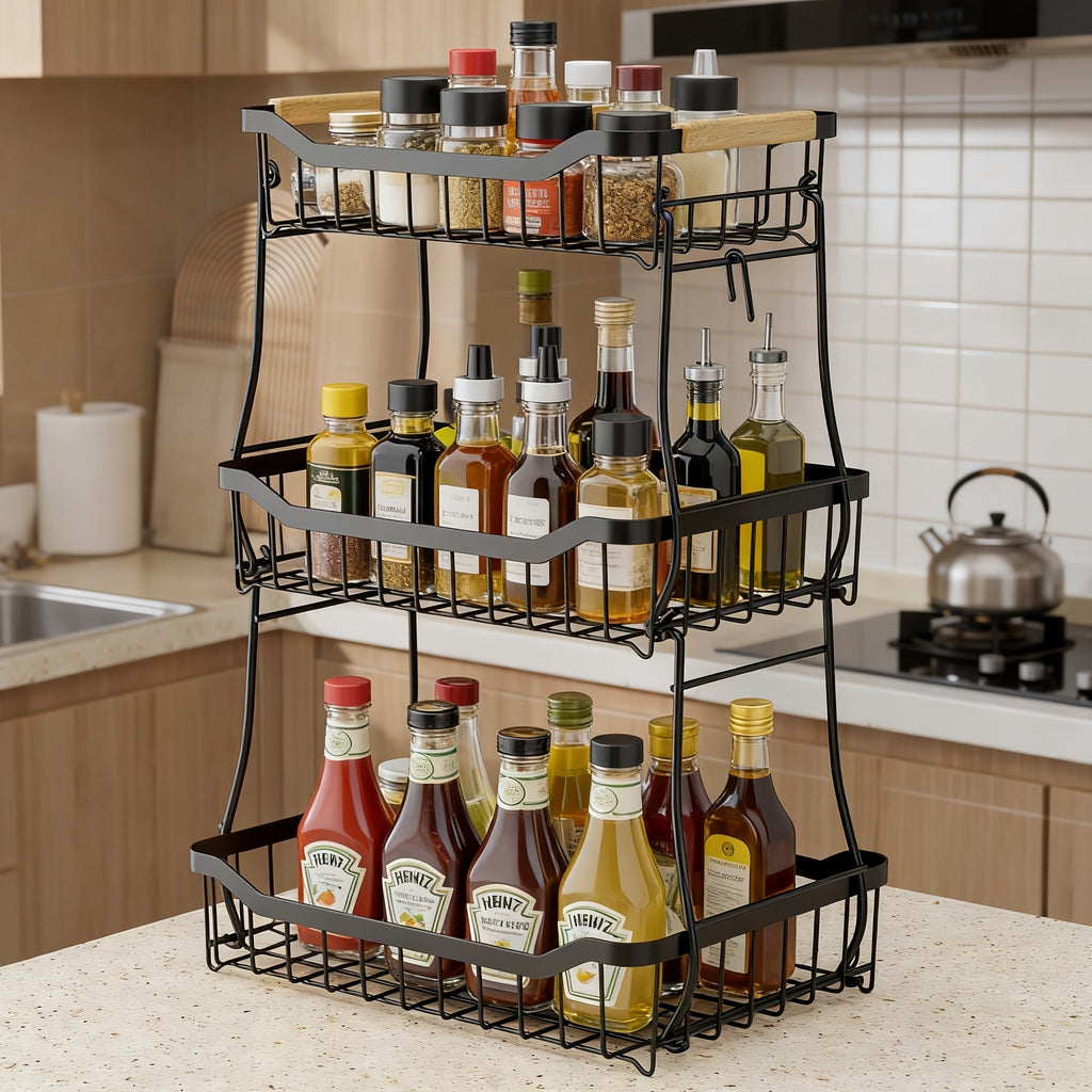 Tiered Metal Fruit Basket with Banana Hook & Wooden Handle – 2 & 3 Tier Countertop Produce Organizer for Kitchen | Removable Tiers | Bread, Vegetable & Fruit Storage