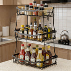 Tiered Metal Fruit Basket with Banana Hook & Wooden Handle – 2 & 3 Tier Countertop Produce Organizer for Kitchen | Removable Tiers | Bread, Vegetable & Fruit Storage
