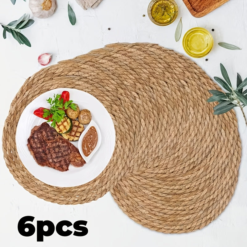 6pcs Natural Rattan Round Placemats 11.8in Heat Resistant Non-Slip Bohemian Wicker Table Mats for Dining Wedding Christmas Thanksgiving