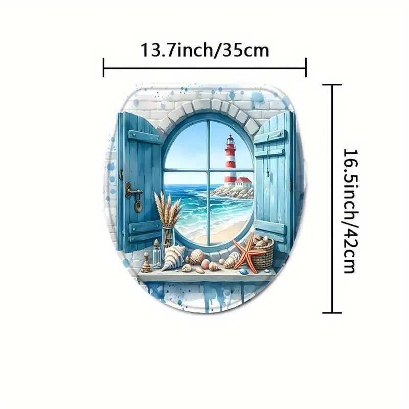 Lighthouse Shower Curtain Set 4 Piece - Window View Pattern Bathroom Set with Shower Curtain, Toilet Seat Cover, U-Shape Mat & 12 Hooks, Apartment Hotel Bathroom Decor