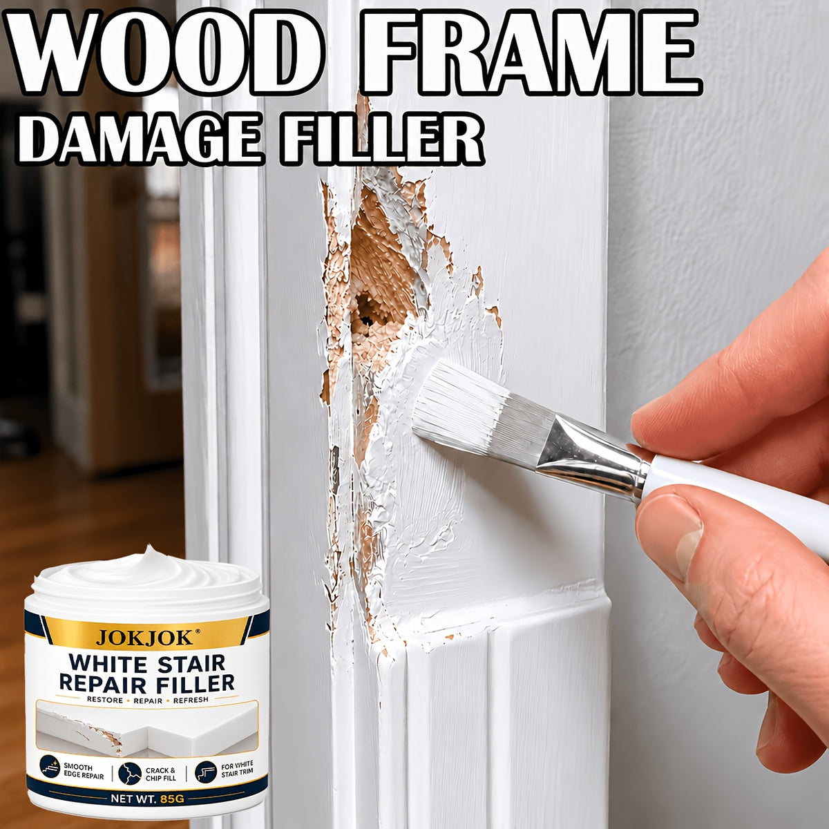 White Wood Repair Paste for Door Frames, Trim & Furniture Edges, Covers Chips, Scuffs & Surface Damage for a Smooth Clean Finish, Wood Frame Filler for Walls, Baseboards & Molding