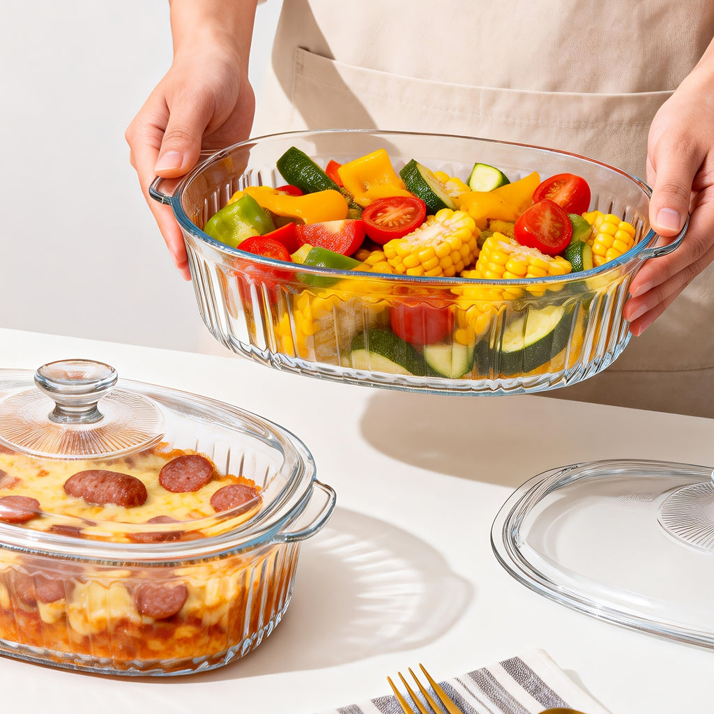 Glass Baking Dish with Lid Set - Borosilicate Casserole Dish with Glass Lid & Silicone Mat, Oven & Microwave Safe, 61oz or 95oz, for Chicken, Pasta, Desserts & Holiday Cooking