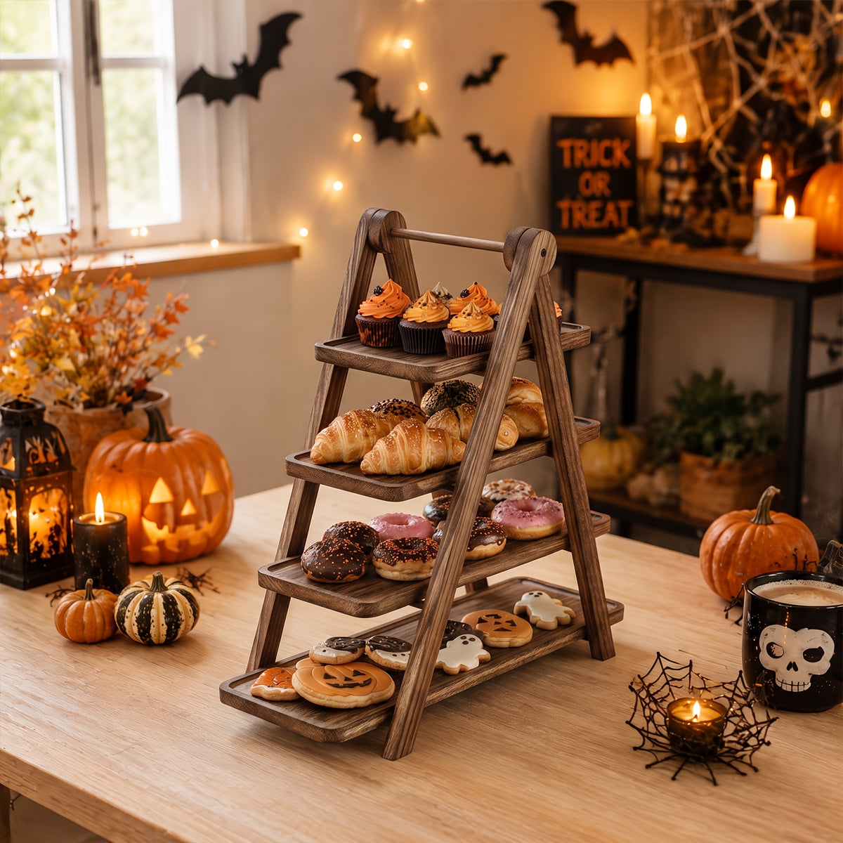 3 Tier Wood Dessert Stand Foldable Natural A-Frame Tray for Wedding Party Home Hotel Restaurant Event Cupcake Cake Display Sturdy Serving Stand