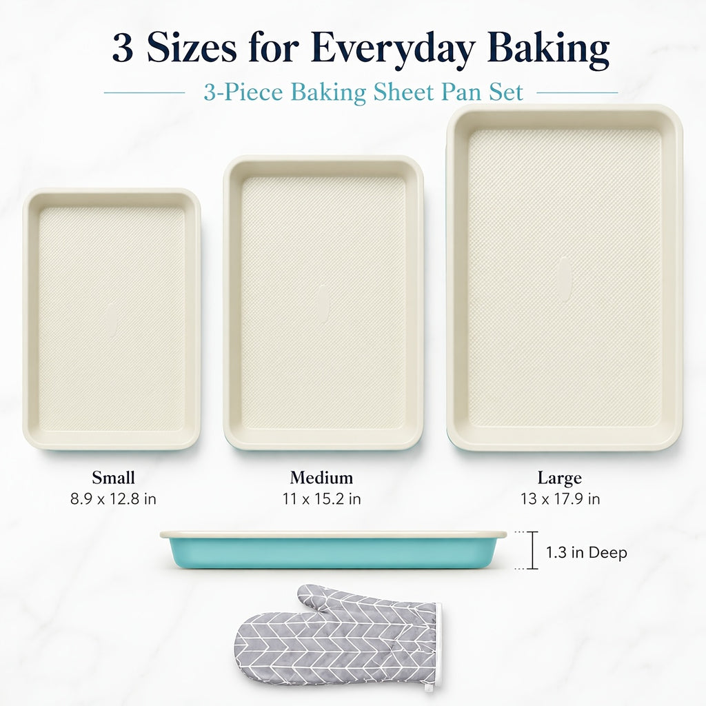 Baking Sheet Pan Set of 3 Heavy Duty Cookie Sheets - Diamond Texture Commercial Grade Steel 13/15/18 Inch, 0.8mm Thick Oven Pans for Baking Cookies, Roasting, Sheet Cake, with Oven Gloves Option