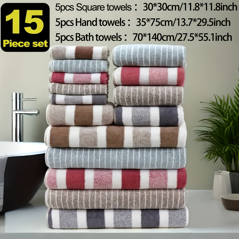 Classic Striped Bath Towel Set – 9 or 15 Piece No-Hair-Loss Super Absorbent Two-Color Towel Bundle | Large Bath Towels, Face Towels & Hand Towels for Bathroom & Beach