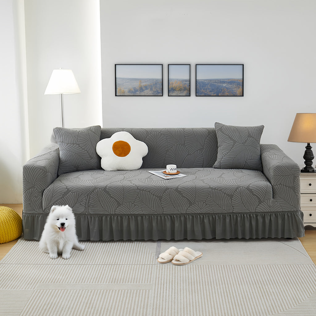 Luxury Skirted Sofa Cover Full Coverage Stretch Velvet Slipcover – Anti-Slip Pet-Friendly Couch Protector for 1/2/3/4-Seater, Soft Warm Furniture Cover in Navy Blue & Charcoal Gray for Winter Christmas Home Decor
