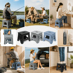 Heavy-Duty Portable Folding Stool 330 LBS Capacity – Compact Square Plastic Step Stool for Camping, Fishing, Picnic, Indoor & Outdoor Use (Black, Grey, Blue)