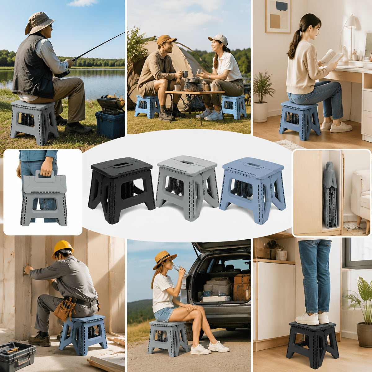 Heavy-Duty Portable Folding Stool 330 LBS Capacity – Compact Square Plastic Step Stool for Camping, Fishing, Picnic, Indoor & Outdoor Use (Black, Grey, Blue)