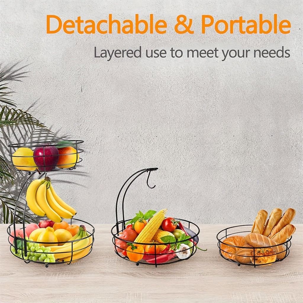 2-Tier Countertop Fruit & Vegetable Basket Bowl Rack with Banana Hooks – Space-Saving Kitchen Storage for Fruits, Vegetables, Bread & Snacks