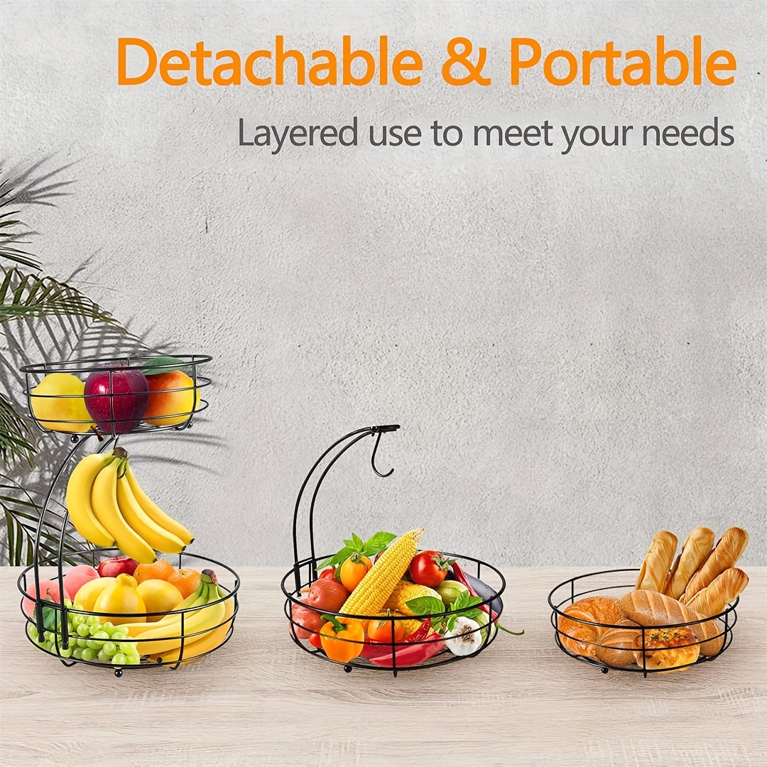 2-Tier Countertop Fruit & Vegetable Basket Bowl Rack with Banana Hooks – Space-Saving Kitchen Storage for Fruits, Vegetables, Bread & Snacks