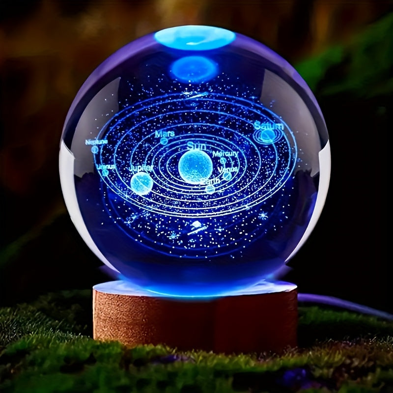 Solar System Crystal Ball LED Night Light with Wooden Base - 3D Laser Engraved Planetary Model Space Lamp for Bedroom Living Room Desk Decor, Gift for Astronomy Enthusiasts and Space Educators