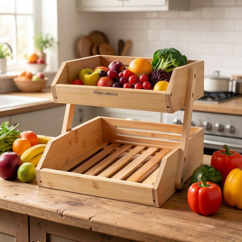 3 Tier Bamboo Fruit Basket Rack Large Capacity Countertop Kitchen Storage for Fruits Vegetables & Bread – Natural Wood Ventilated Design